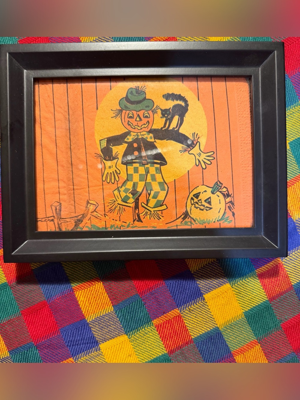 Vintage Halloween Pumpkin Scarecrow Framed Art